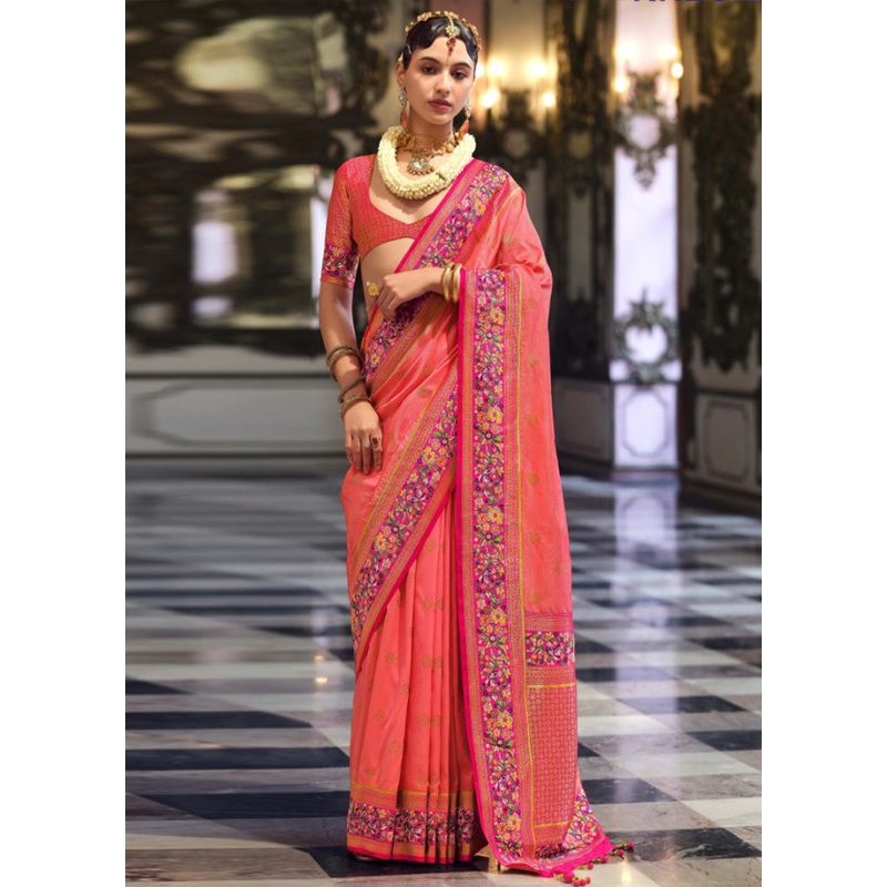 Pink Banarasi Silk Saree With Blouse Piece - JD986597747