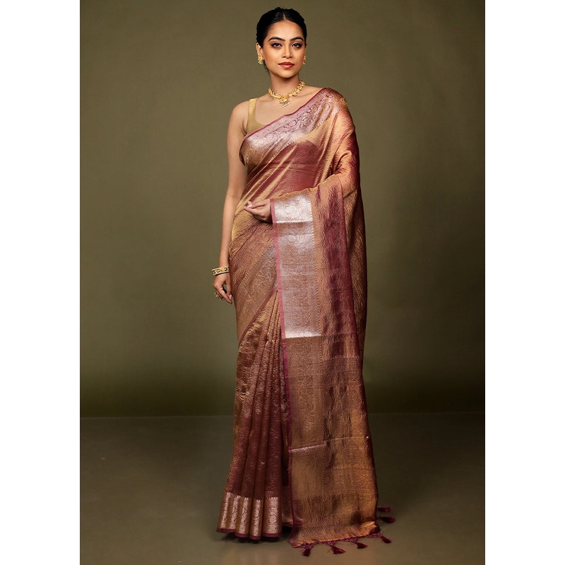 Pink Crushed Tissue Silk Saree With Blouse Piece - JD986597702