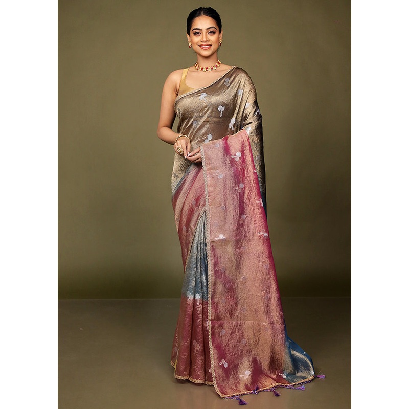 Pink Crushed Tissue Silk Saree With Blouse Piece - JD986597703