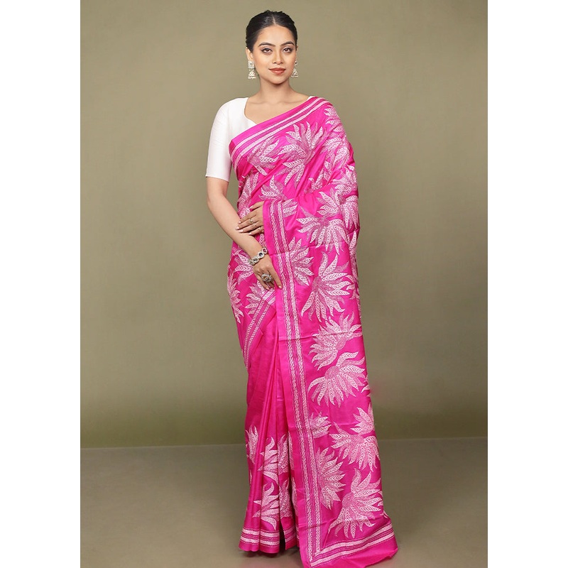 Pink Handloom Kantha Stitch Pure Silk Saree With Blouse Piece - JD986597699