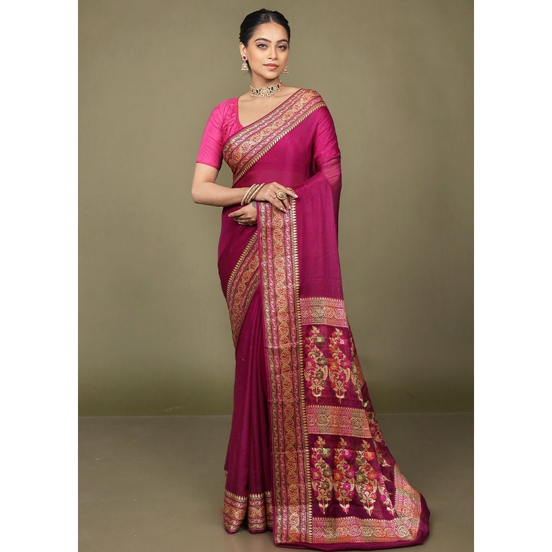 Pink Handloom Pure Georgette Saree With Blouse Piece - JD986597697