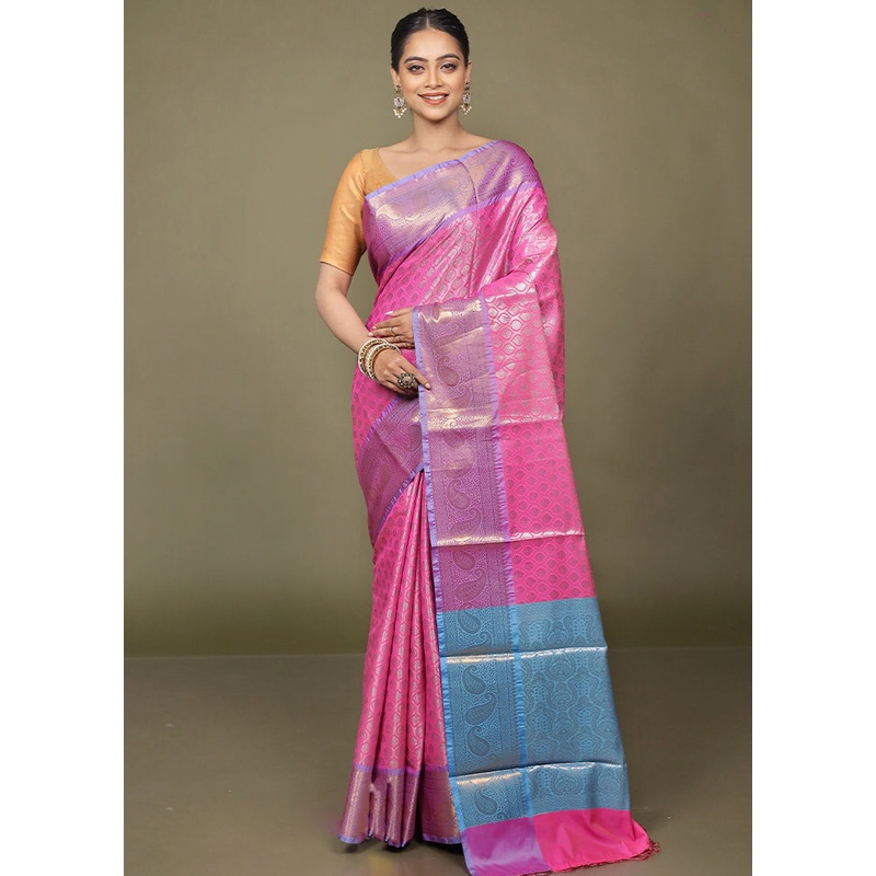 Pink Kora Silk Saree With Blouse Piece - JD986597693