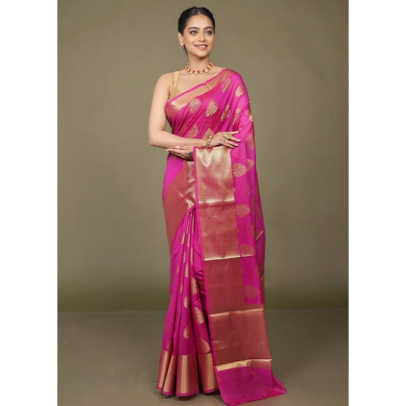 Pink Kora Silk Saree With Blouse Piece - JD986597694