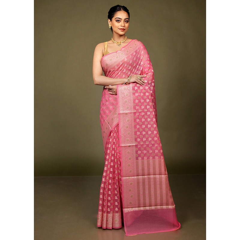 Pink Kora Silk Saree With Blouse Piece - JD986597696