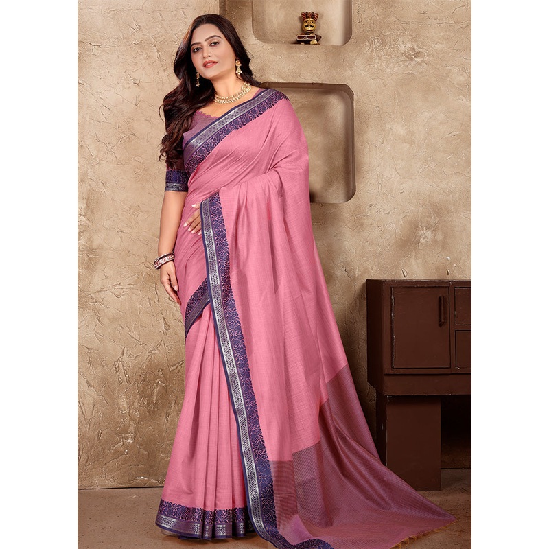 Pink Linen Silk Saree With Blouse Piece - JD986597745