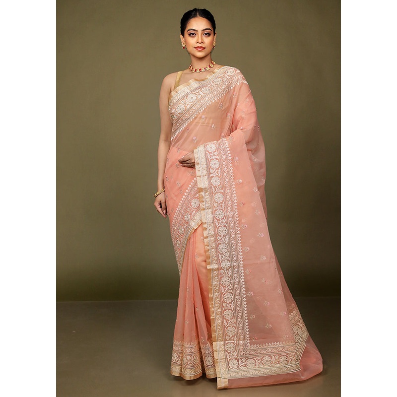 Pink Organza Saree With Blouse Piece - JD986597689