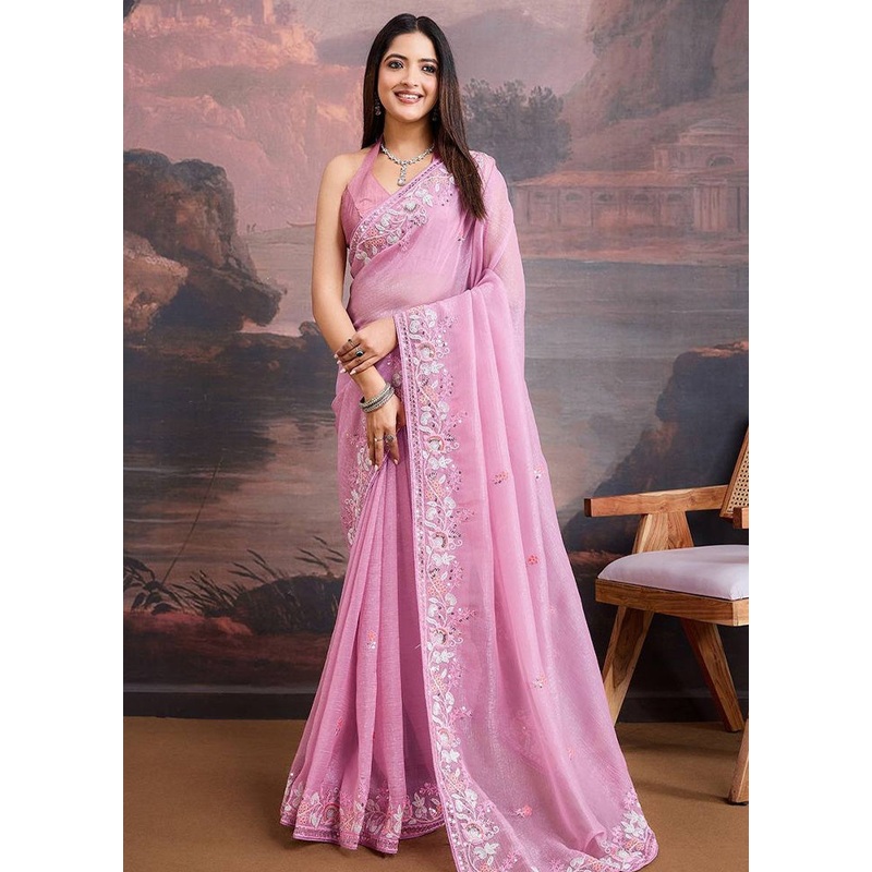 Pink Organza Saree With Blouse Piece - JD986597744