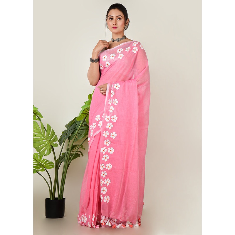 Pink Pure Cotton Self Design Saree Without Blouse Piece - JD986597617