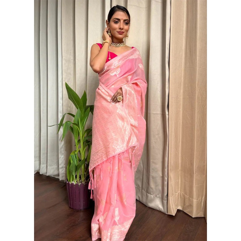 Pink Spun Silk Saree With Blouse Piece - JD986597743