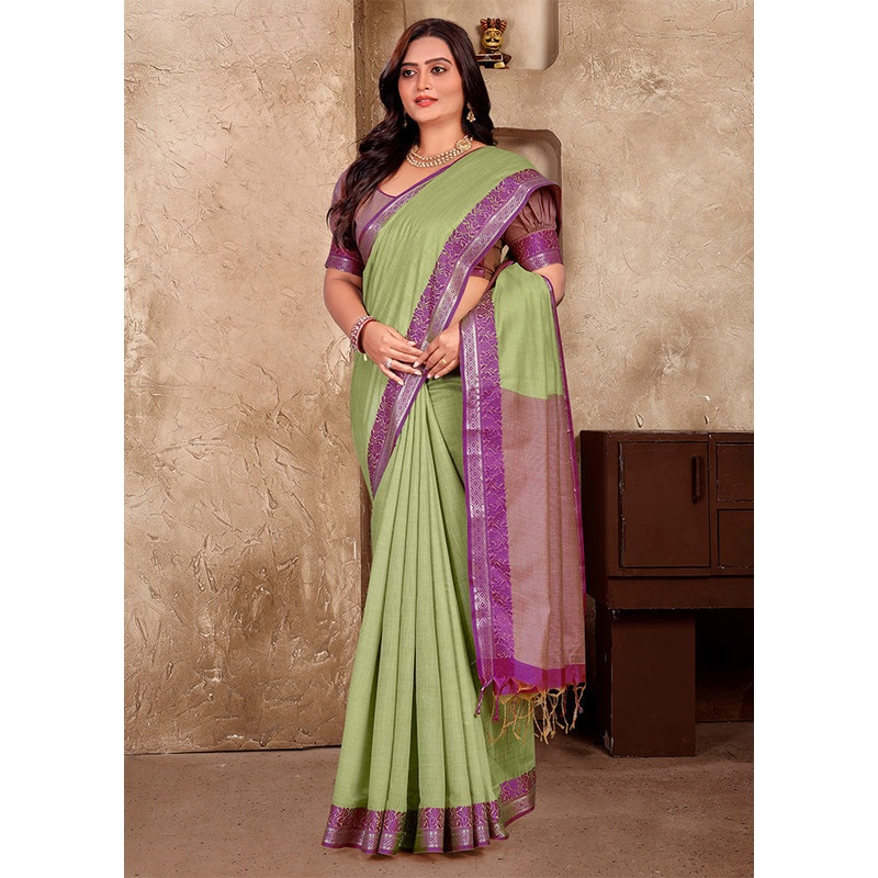 Pista Green Linen Silk Saree With Blouse Piece - JD986597741