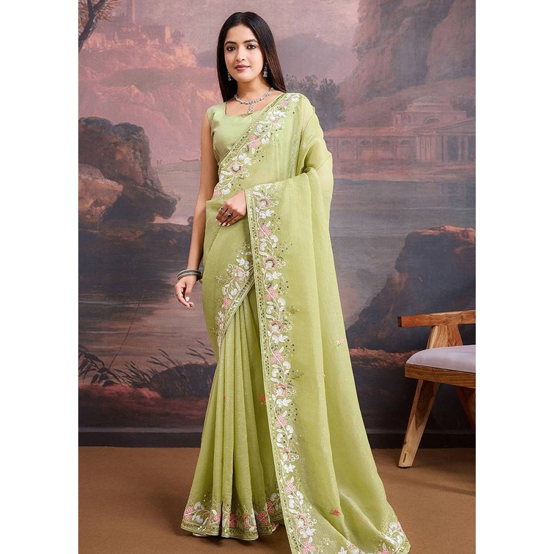 Pista Green Organza Saree With Blouse Piece - JD986597740