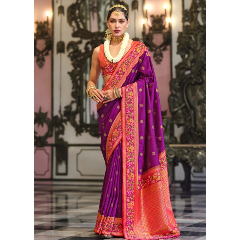 Purple Banarasi Silk Saree With Blouse Piece - JD986597540