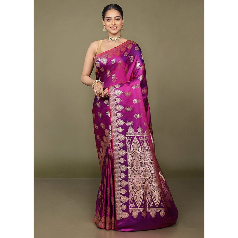Purple Banarasi Silk Saree With Blouse Piece - JD986597684