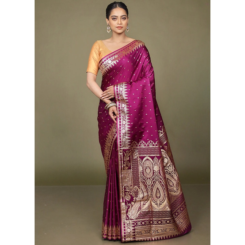 Purple Banarasi Silk Saree With Blouse Piece - JD986597686