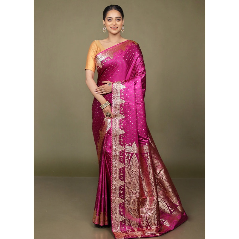 Purple Banarasi Silk Saree With Blouse Piece - JD986597687