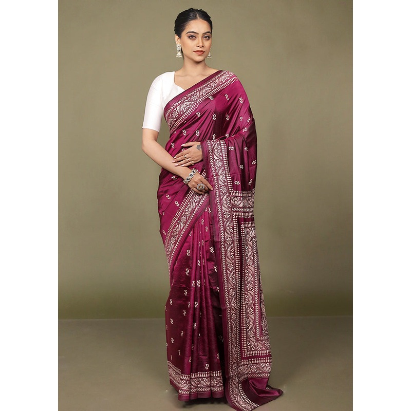 Purple Handloom Kantha Stitch Pure Silk Saree With Blouse Piece - JD986597682