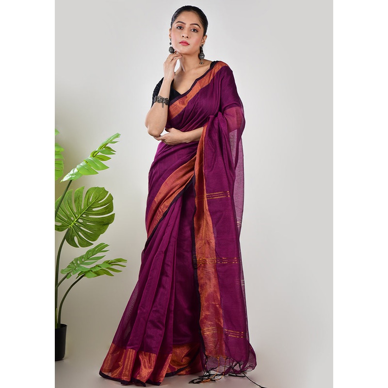 Purple Linen Silk Saree With Blouse Piece - JD986597615