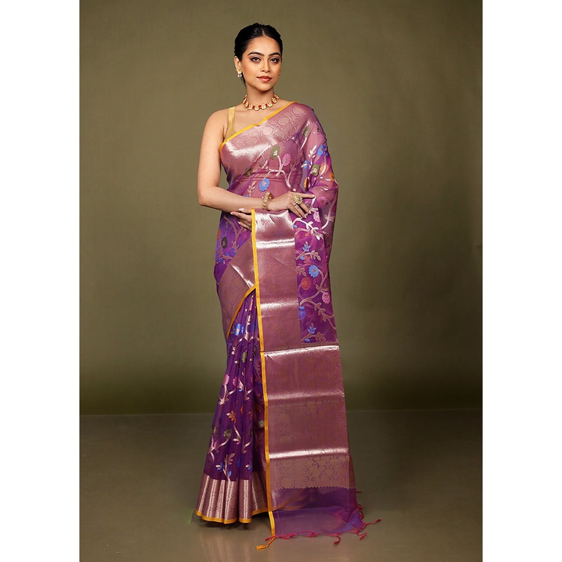 Purple Organza Saree With Blouse Piece - JD986597676