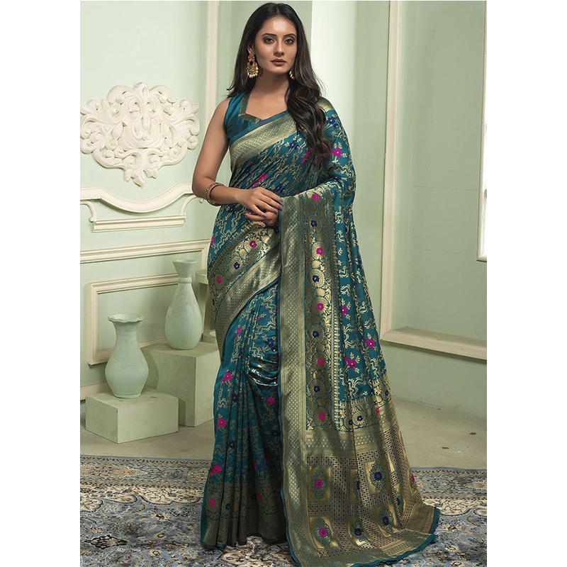 Rama Banarasi Silk Saree With Blouse Piece - JD986597532