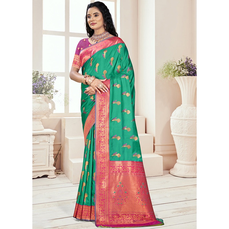Rama Green Spun Silk Saree With Blouse Piece - JD986597529