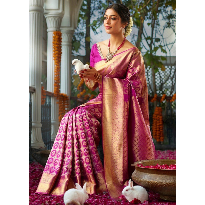 Rani Banarasi Silk Saree With Blouse Piece - JD986597523
