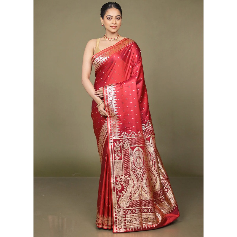 Red Banarasi Silk Saree With Blouse Piece - JD986597674