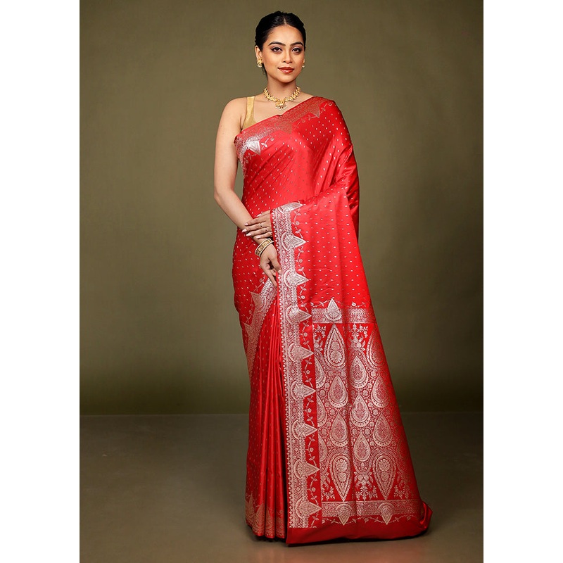 Red Banarasi Silk Saree With Blouse Piece - JD986597675