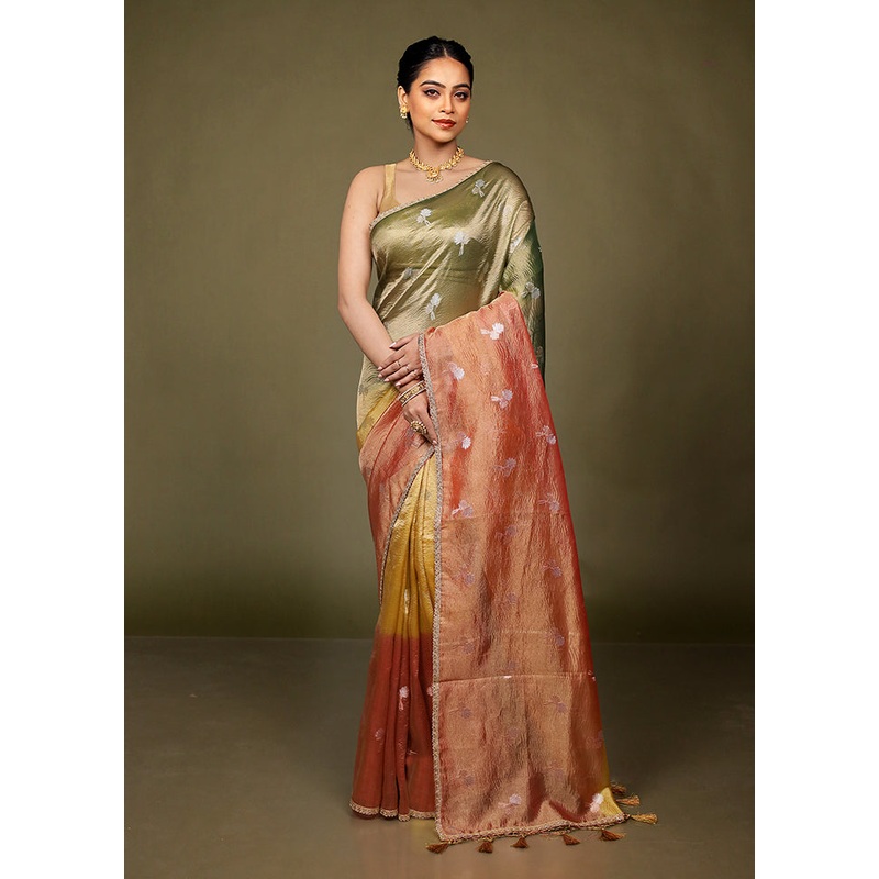 Red Crushed Tissue Silk Saree With Blouse Piece - JD986597673