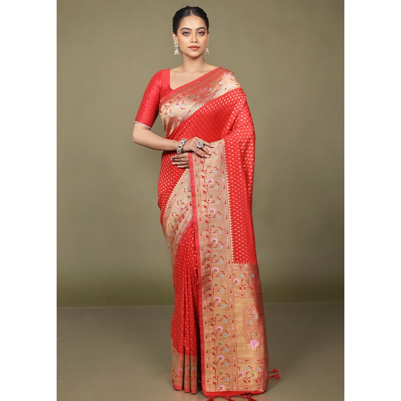 Red Dupion Silk Saree With Blouse Piece - JD986597672
