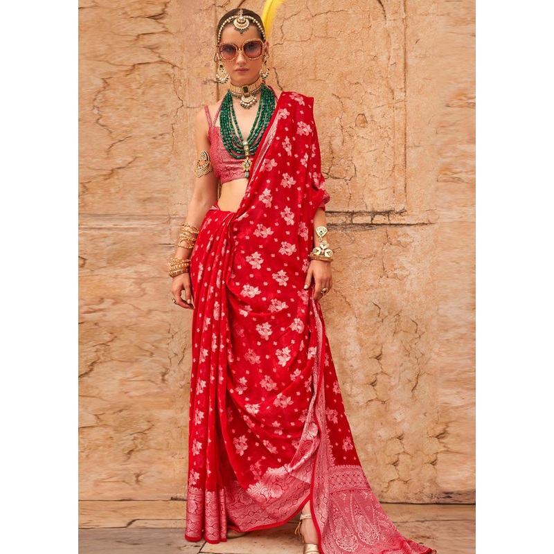 Red Georgette Saree With Blouse Piece - JD986597518