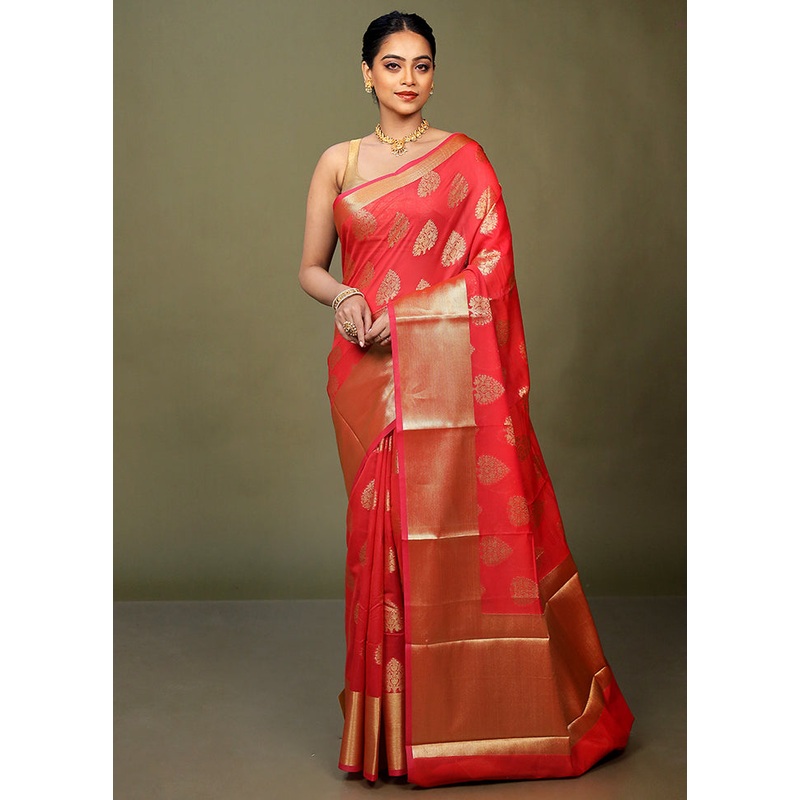 Red Kora Silk Saree With Blouse Piece - JD986597671
