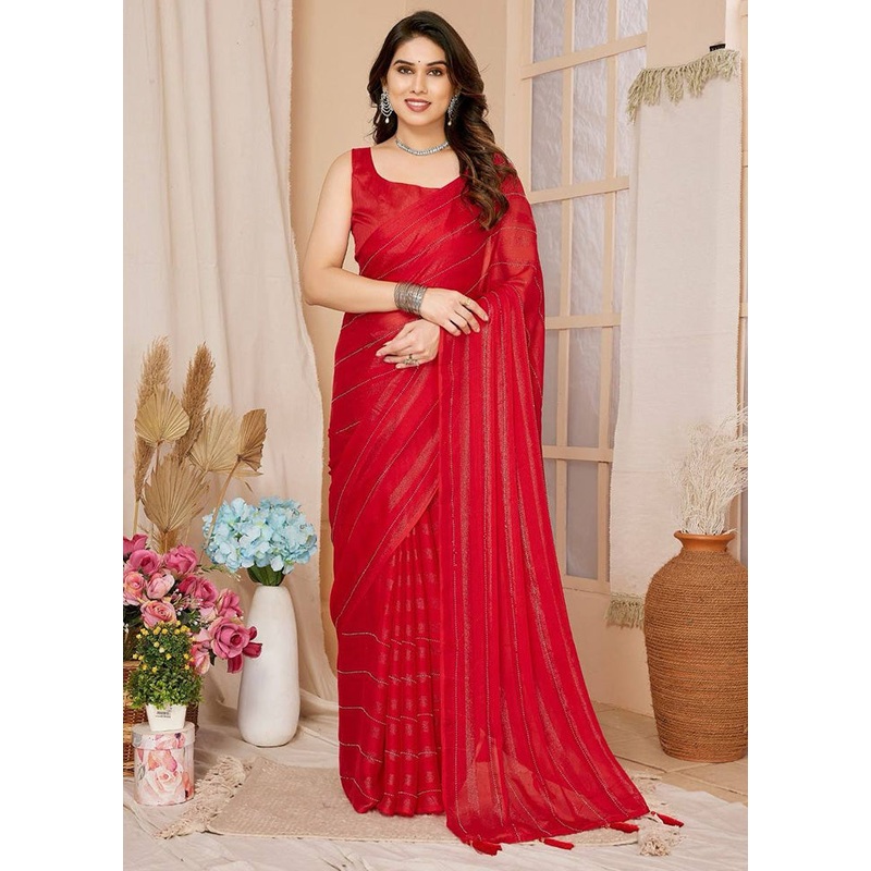 Red Spun Silk Saree With Blouse Piece - JD986597516