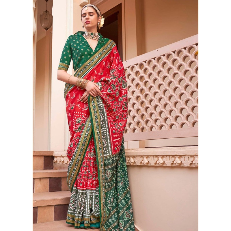 Red Spun Silk Saree With Blouse Piece - JD986597517