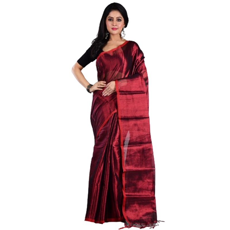 Red Spun Silk Saree With Blouse Piece - JD986597612