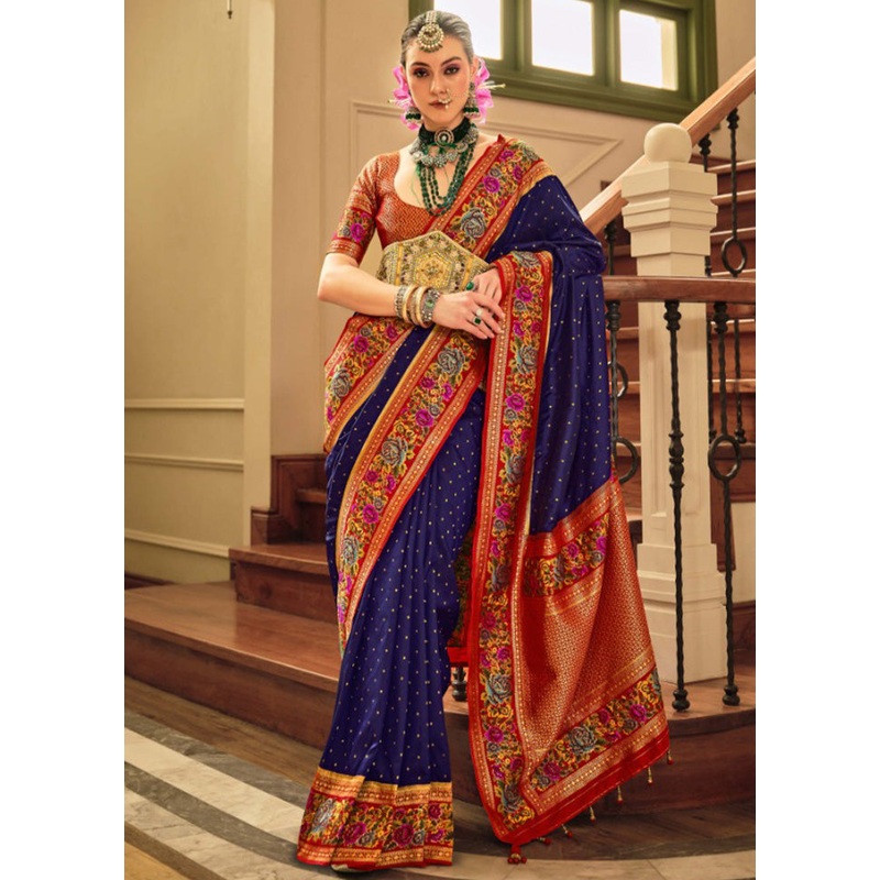 Royal Blue Banarasi Silk Saree With Blouse Piece - JD986597514