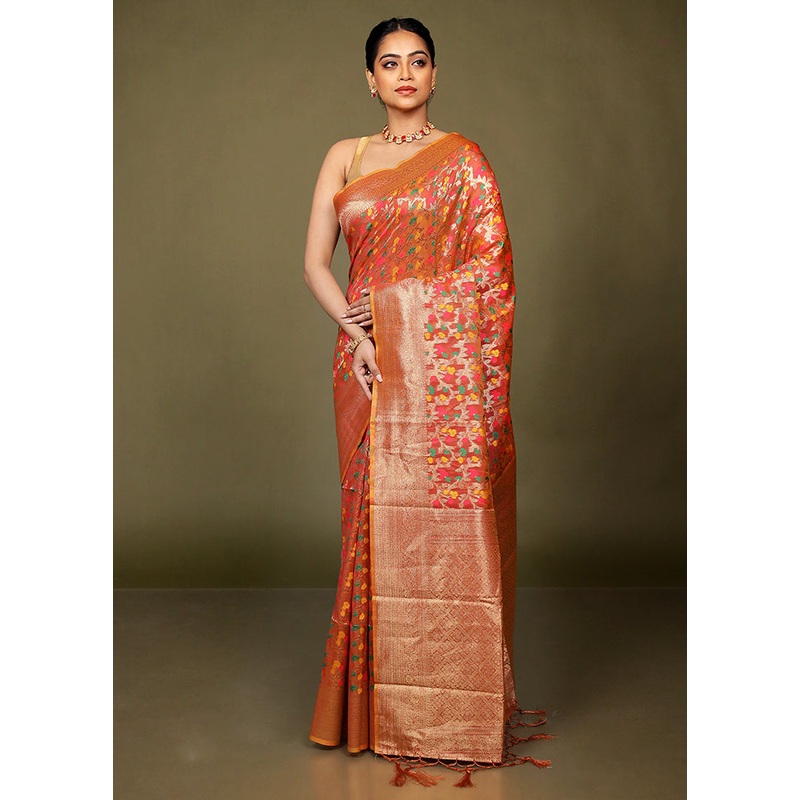 Rust Kora Silk Saree With Blouse Piece - JD986597668