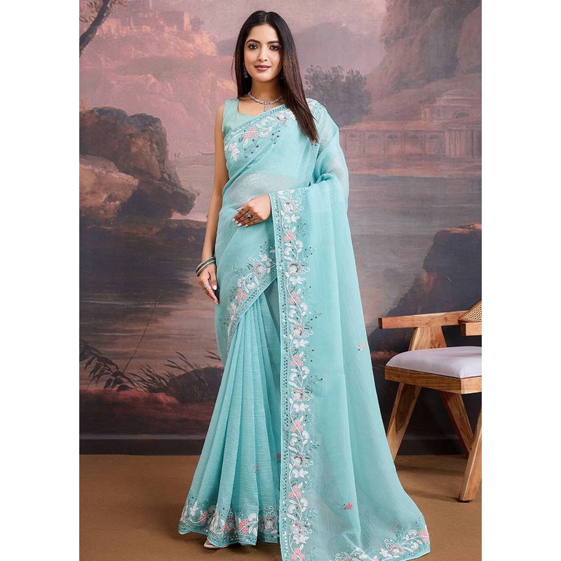 Sky Blue Organza Saree With Blouse Piece - JD986597513