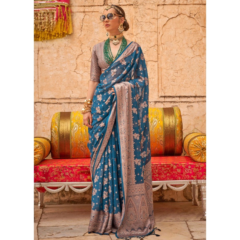 Teal Georgette Saree With Blouse Piece - JD986597511