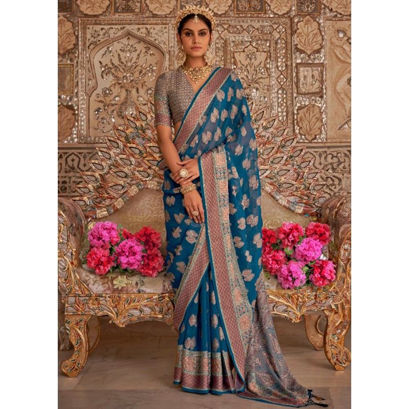 Teal Georgette Saree With Blouse Piece - JD986597512