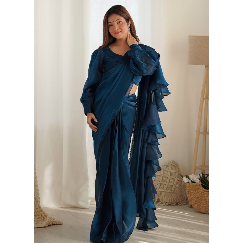 Teal Organza Saree With Blouse Piece - JD986597510
