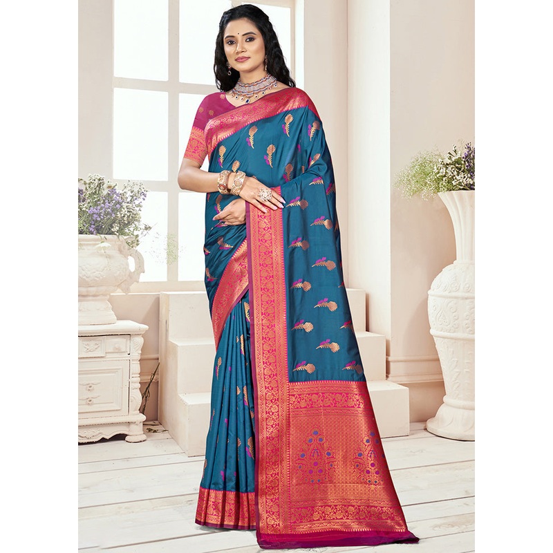 Teal Spun Silk Saree With Blouse Piece - JD986597508