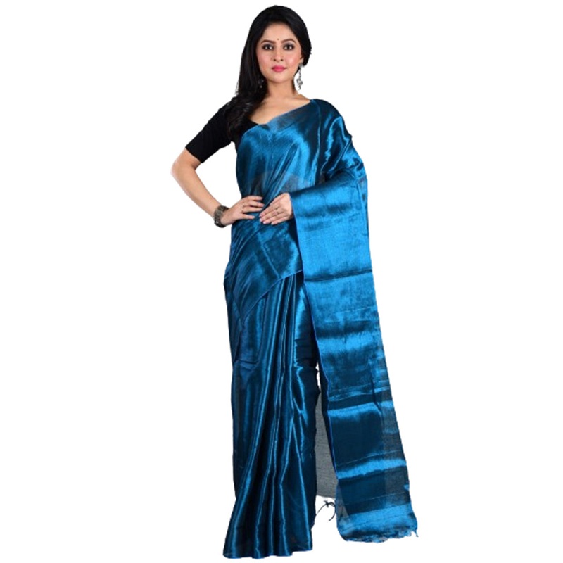 Turquoise Blue Spun Silk Saree With Blouse Piece - JD986597610