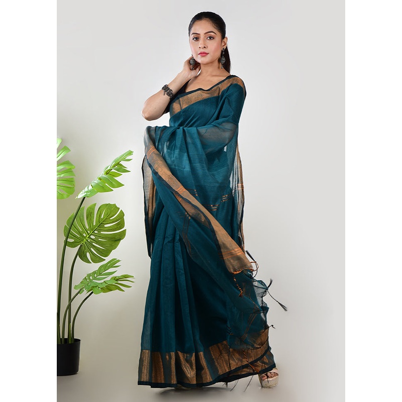 Turquoise Linen Silk Saree With Blouse Piece - JD986597609