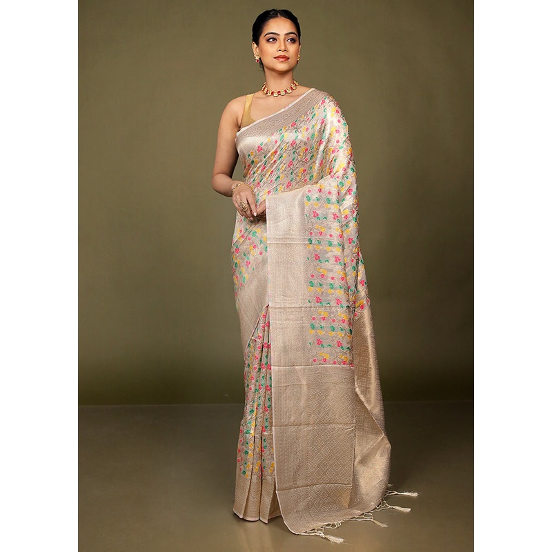 White Kora Silk Saree With Blouse Piece - JD986597667