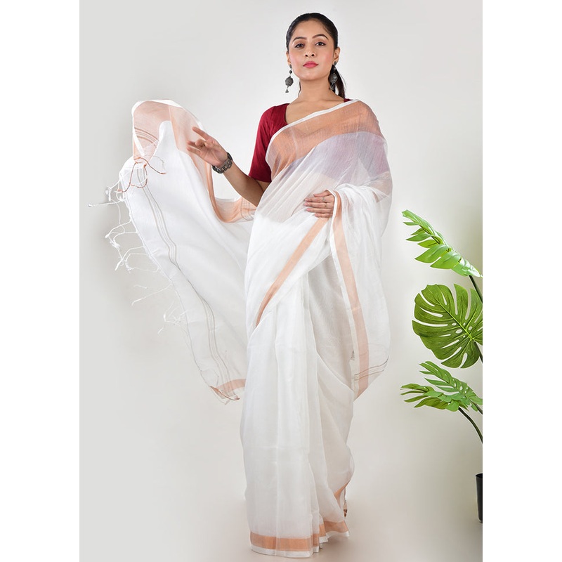 White Linen Silk Saree With Blouse Piece - JD986597608