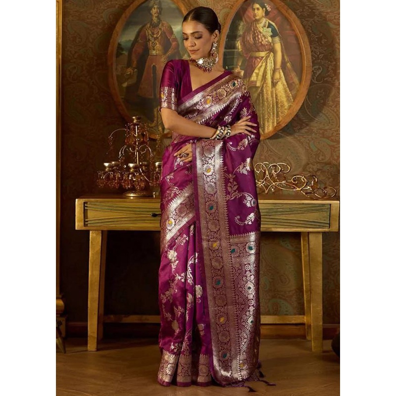 Wine Banarasi Silk Saree With Blouse Piece - JD986597506
