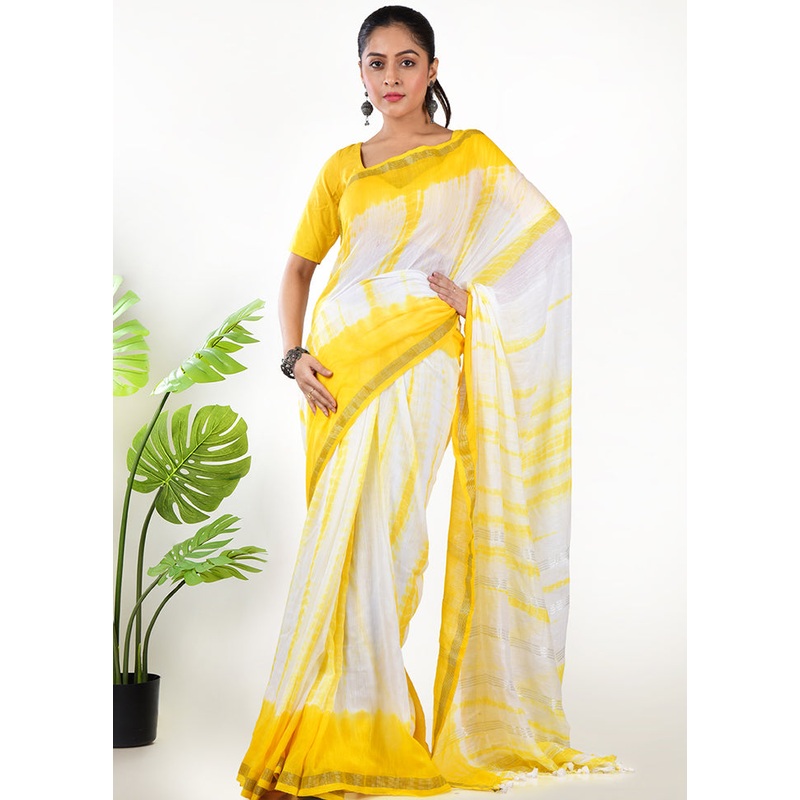 Yellow Cotton Saree With Blouse Piece - JD986597607