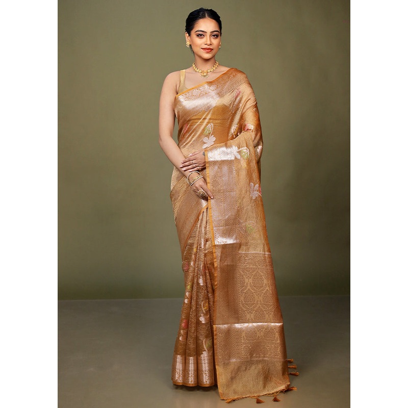 Yellow Crushed Tissue Silk Saree With Blouse Piece - JD986597666