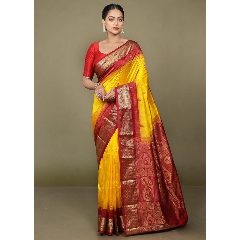 Yellow Handloom Kanjivaram Pure Silk Saree With Blouse Piece - JD986597663