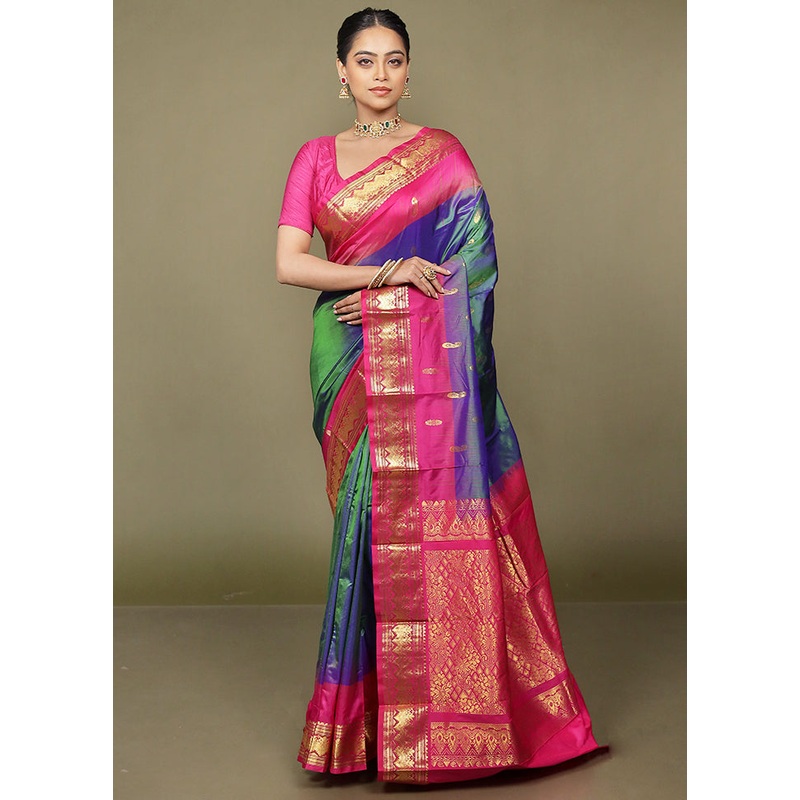 Yellow Handloom Kanjivaram Pure Silk Saree With Blouse Piece - JD986597664